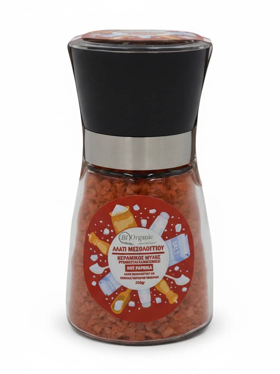 ΜΥΛΟΣ-ΚΑΥΤΕΡΟΣ Μύλος Hot Paprika με Χοντρό Αλάτι Μεσολογγίου 180γρ. - Image 1